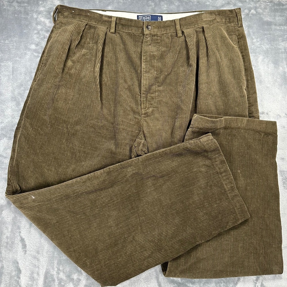 Polo Ralph Lauren Andrew Pant Mens 42x32 Olive Green Pleated Corduroy Trousers